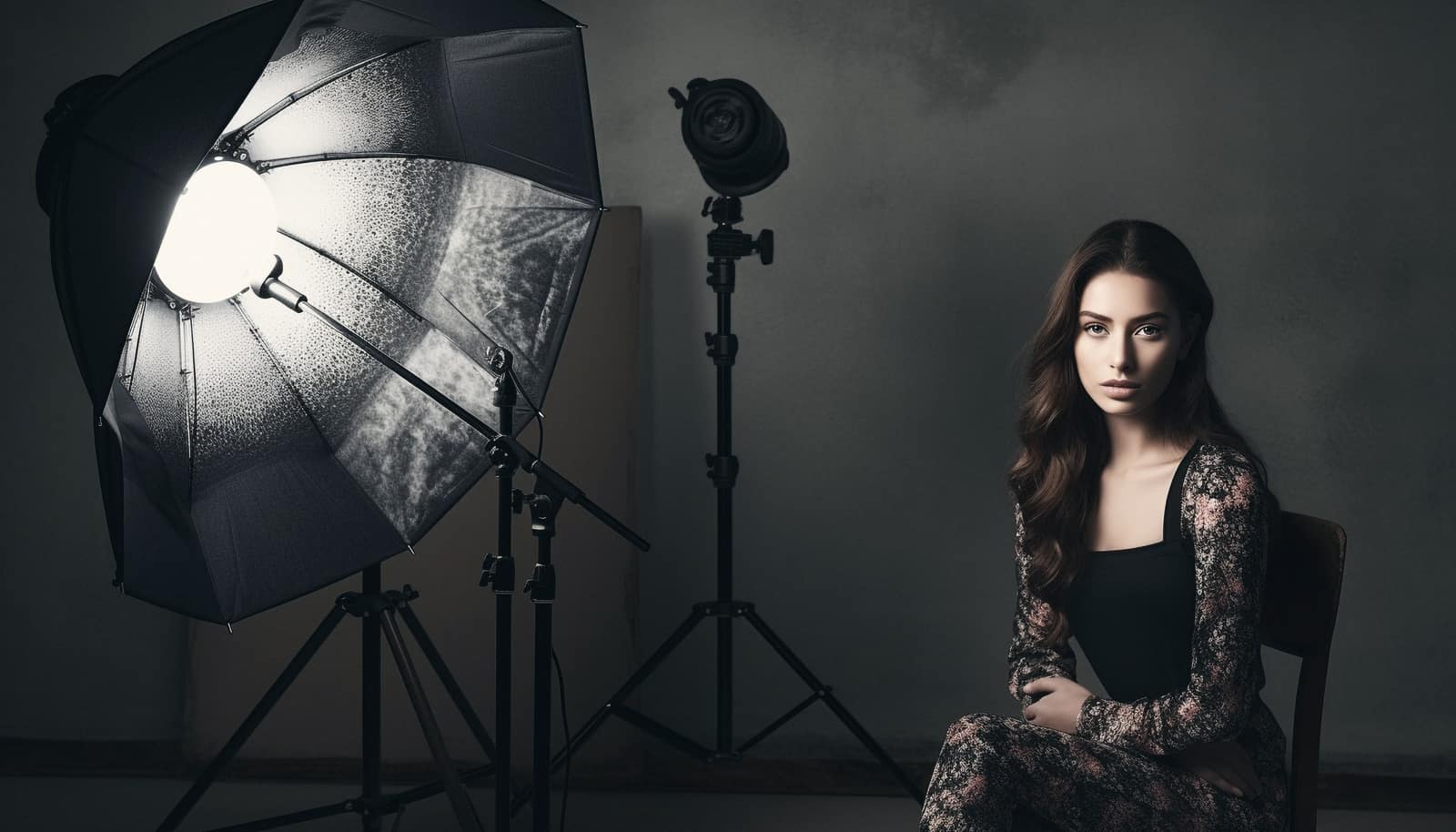 Estúdio de fotografia escuro com softbox e tripés, e a modelo sentada ao lado